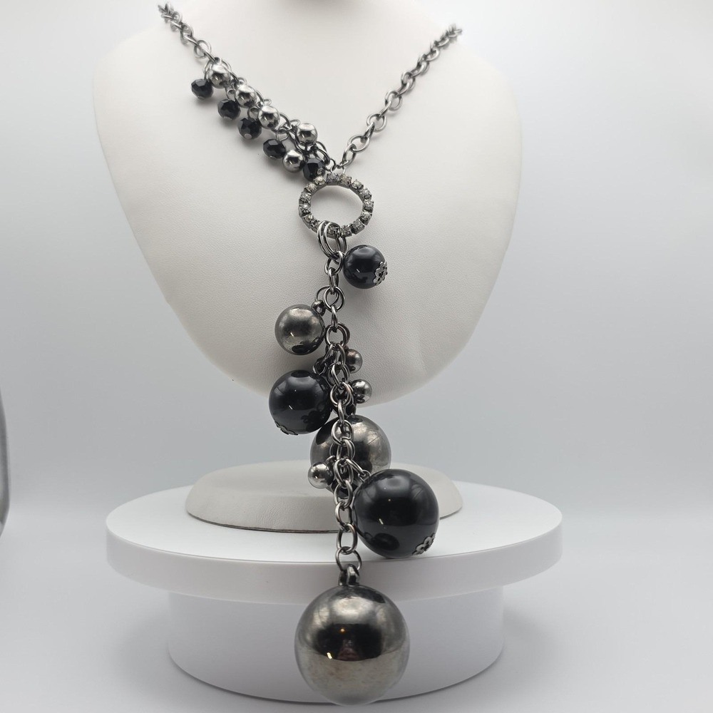 Vintage‎ CYNTHIA GALE Necklace Long Bauble Gunmetal Gray Crystal Accents 23"